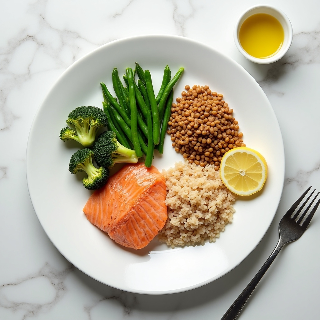Assiette équilibrée vue de dessus avec légumes colorés, protéines et céréales bien disposés