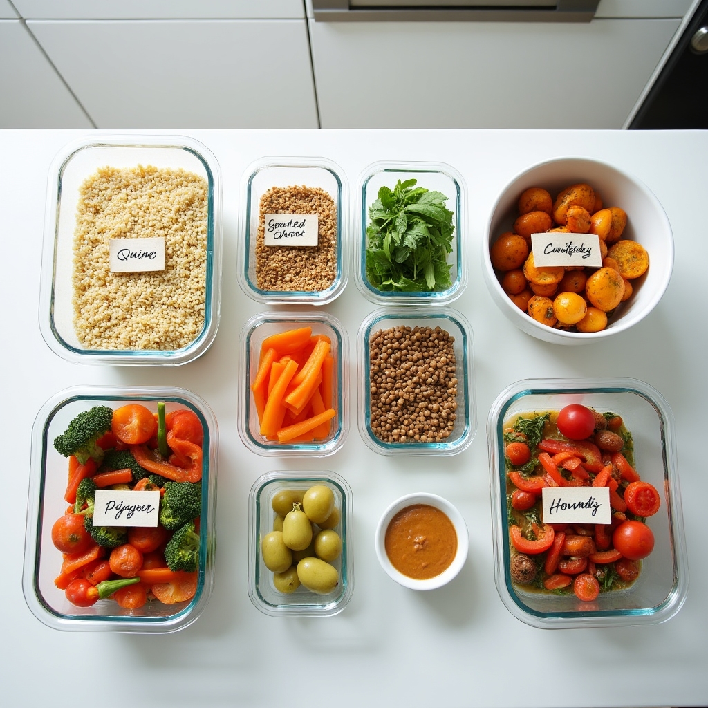 Vue de dessus de plusieurs contenants avec des aliments préparés en avance pour la semaine