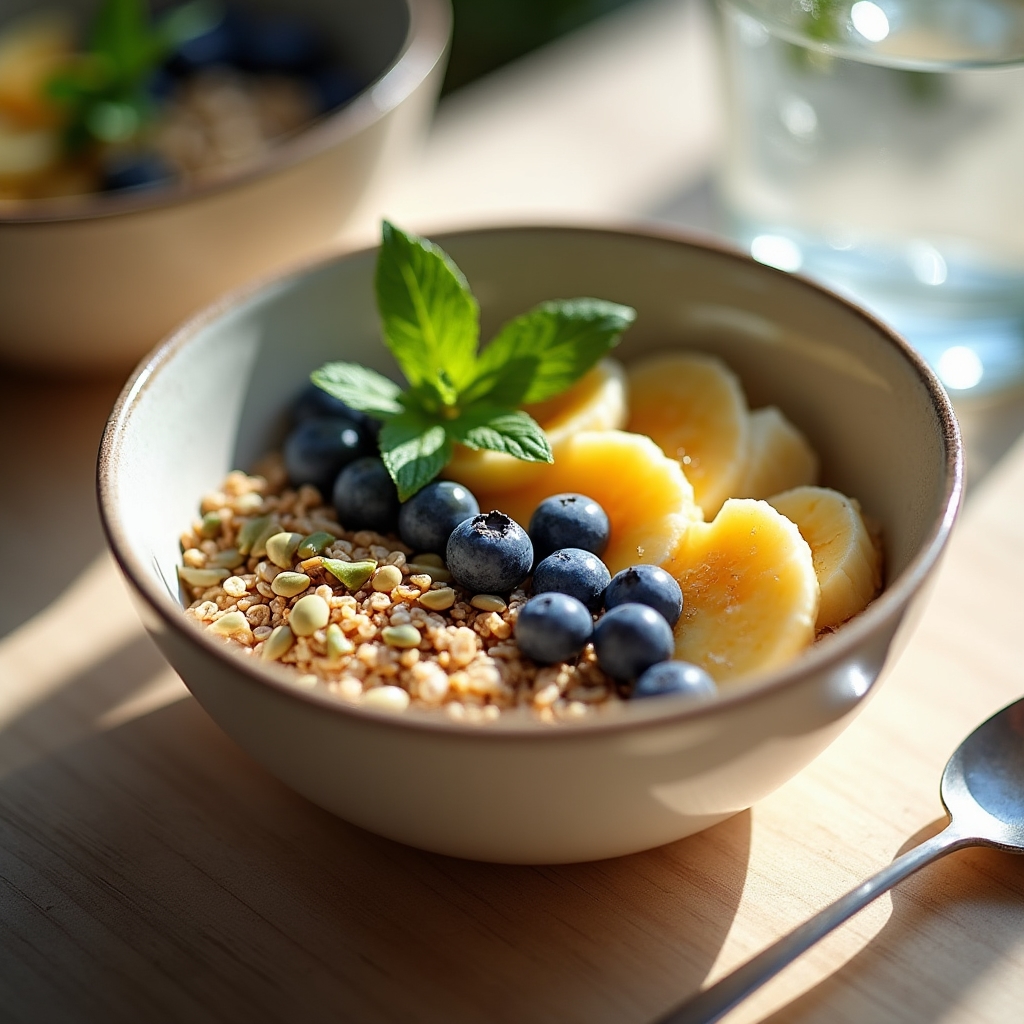 Bol de céréales complètes avec fruits frais et graines sur une table en bois clair