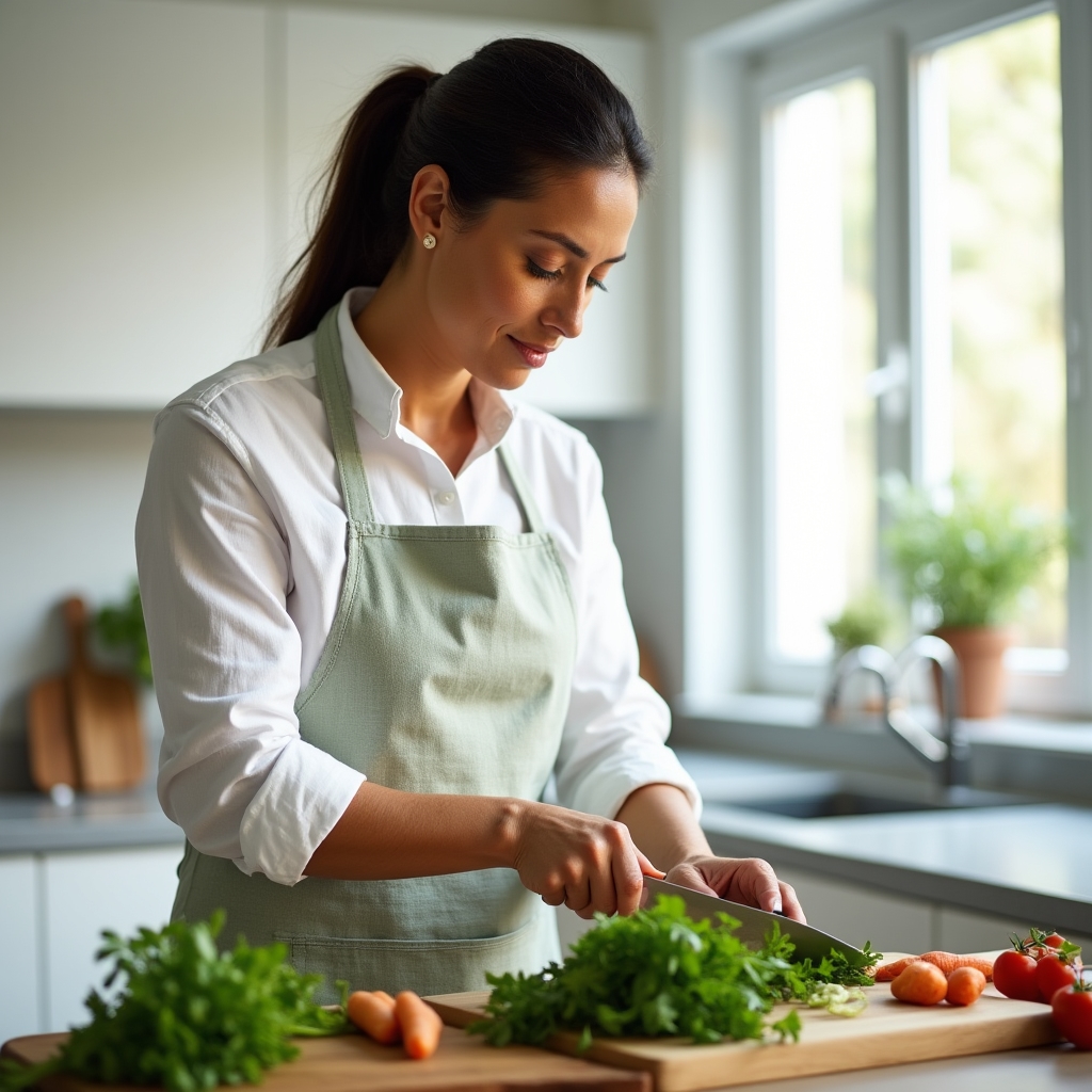 Personne préparant un repas dans une cuisine lumineuse avec des ingrédients frais