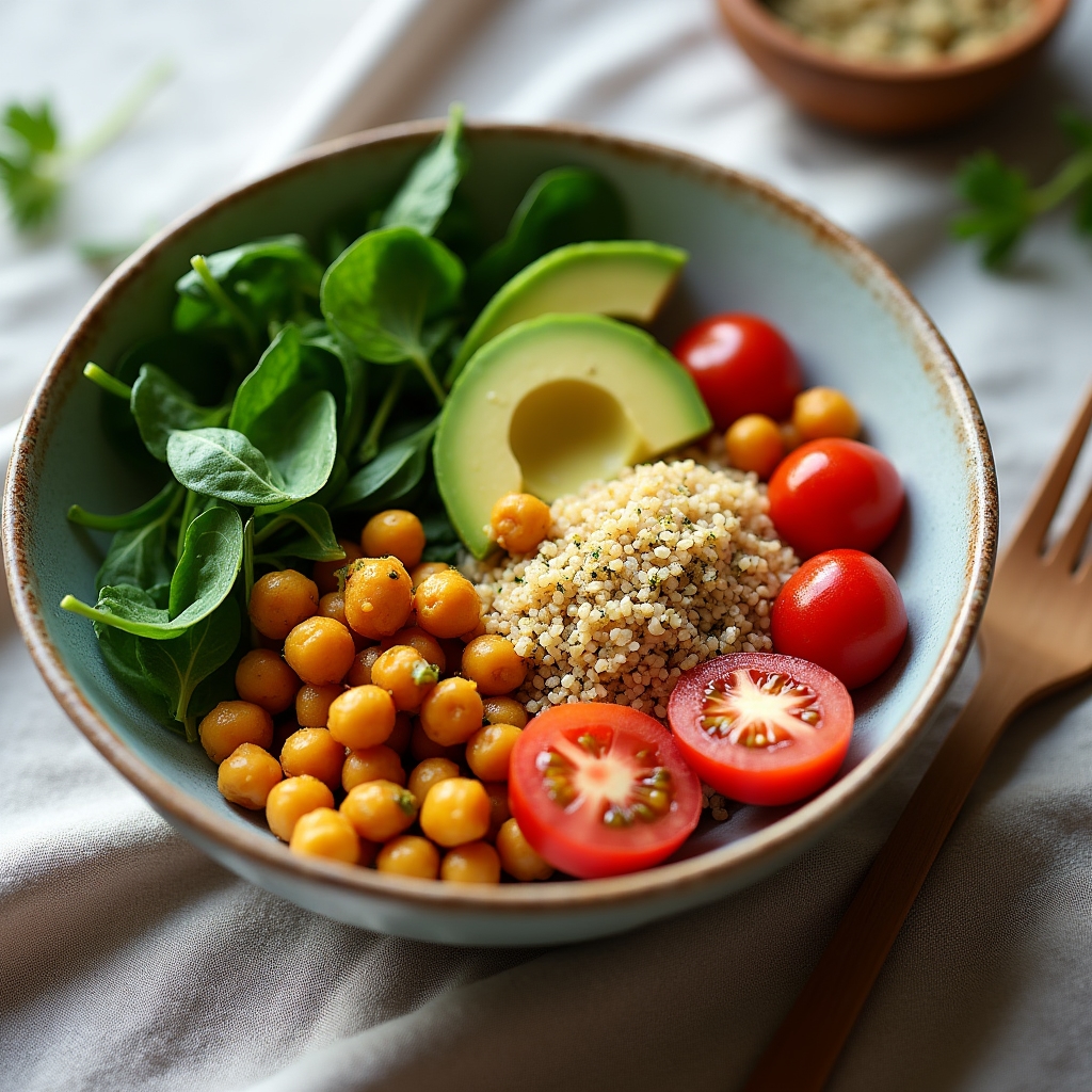 Repas équilibré et coloré servi dans un bol avec légumes et céréales